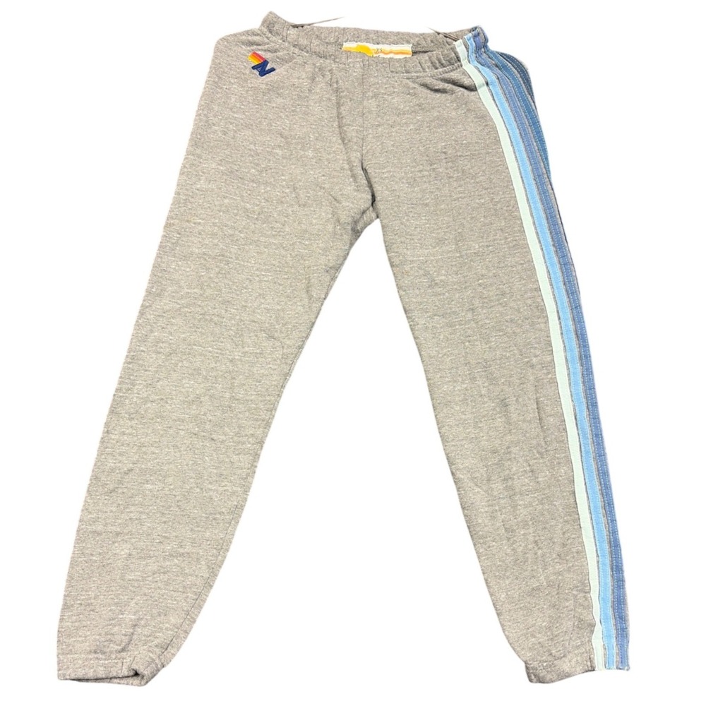 Aviator Nation Sweatpants Women XS Gray Blue Stripe Retro Logo Joggers USA Made